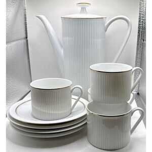 Arzberg White with Gold Ribbed Coffee Pot 4 Cups + 4 Saucers  Germany Vintage